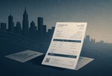 Tilted tax invoice document on a desk with a blue city skyline backdrop