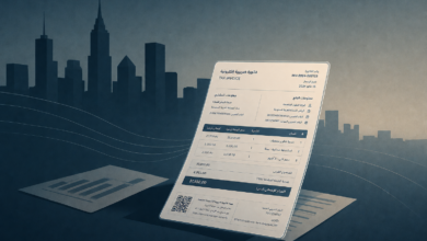 Tilted tax invoice document on a desk with a blue city skyline backdrop