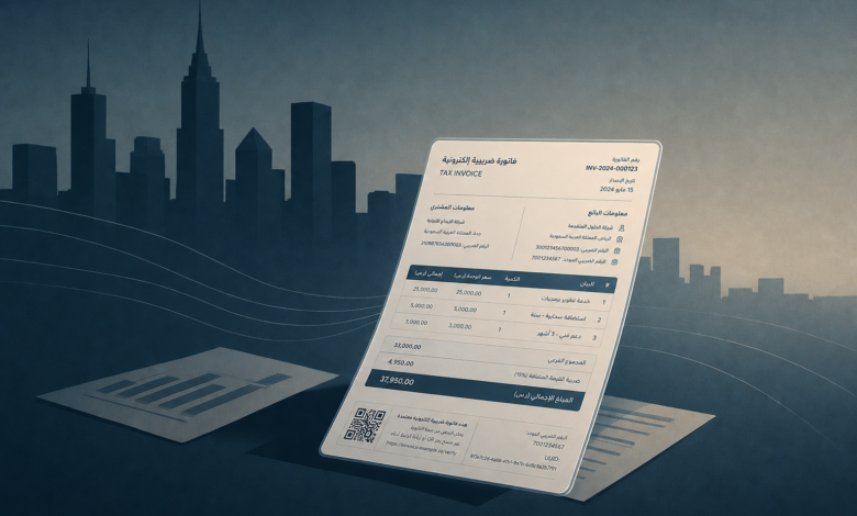 Tilted tax invoice document on a desk with a blue city skyline backdrop