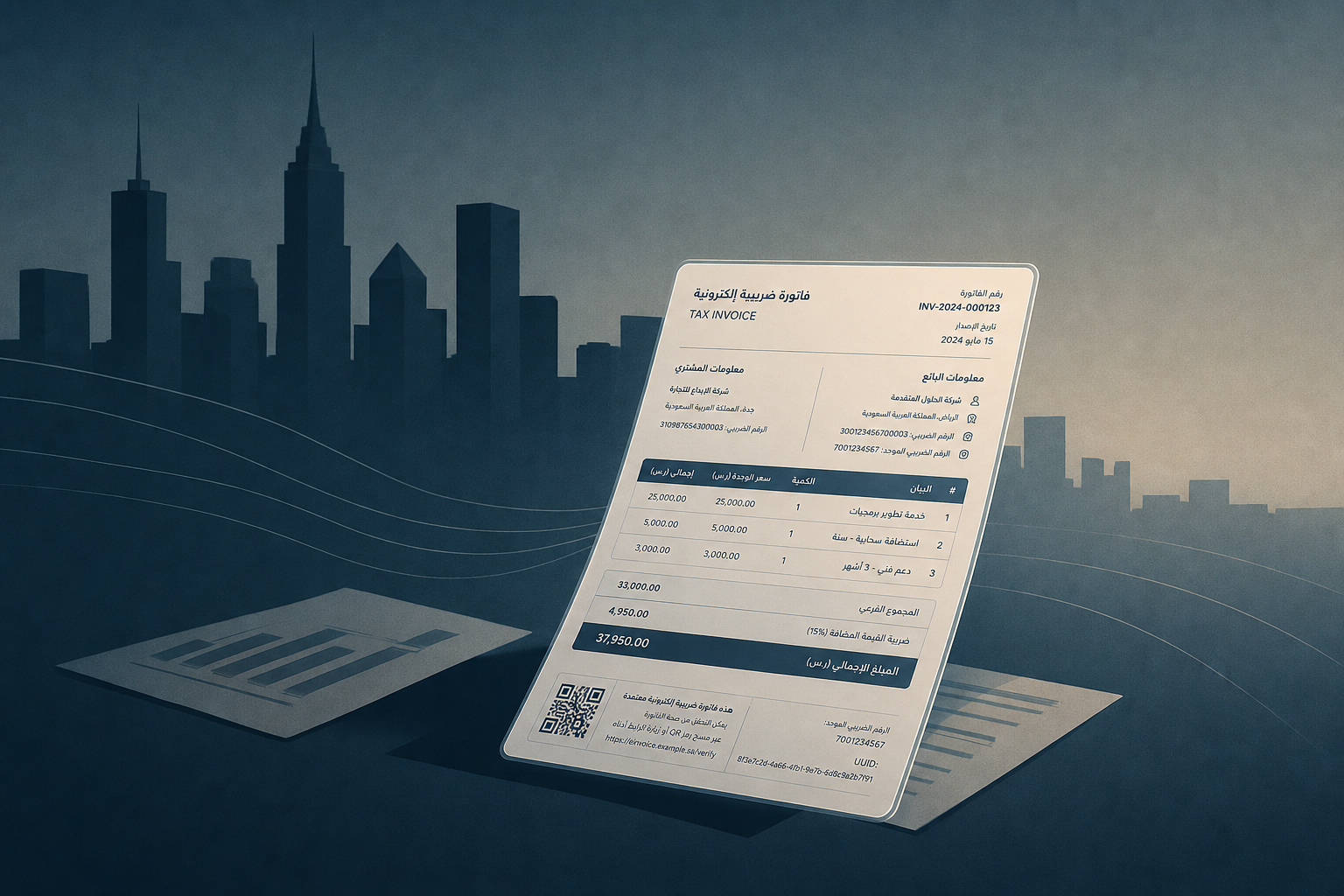Tilted tax invoice document on a desk with a blue city skyline backdrop