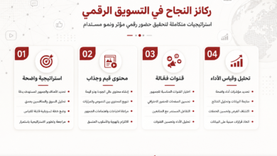 أربعة بطاقات تعليمية تعرض خطوات واستراتيجيات التسويق الرقمي مع أرقام 01–04 وأيقونات رمزية.
