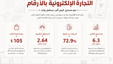 عرب هب # مخطط معلوماتي عربي عن التجارة الإلكترونية يبيّن قيمة الطلب الوسطي 105$, المشتركين 2.64 مليون، نمو المبيعات 72.9%، والسوق العالمي 6.3 تريليون دولار.