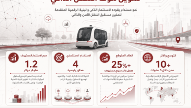 إنفوغراف عربي يشرح تمويل النقل الذاتي: سيارة مستقبلية تقود في مدينة مع أربع بطاقات بيانات تتضمن أرقاماً ونصوص عن الاستثمار المستهدف والتوسع.