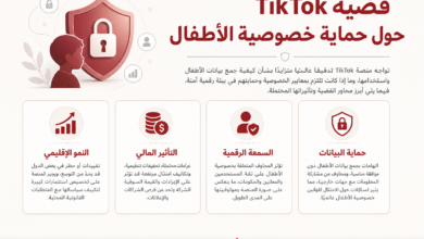 صفحة توعوية بالعربية عن حماية خصوصية الأطفال على TikTok وتعرض أربعة أقسام معلوماتية مع رمز الدرع والطفل