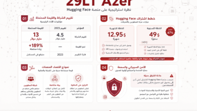 Arabic infographic titled 29LT Azer outlining company value, subscription plans, platform economy model, and cybersecurity features.