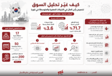 إنفوجرافيك تحليلي للسوق الكوري يضم خريطة كوريا وعلمها وأفق مدينة ومؤشرات رئيسية ونسب نمو واضحة من الوسط إلى الأعلى.