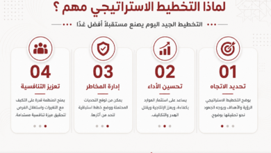 Infographic in Arabic showing four steps of strategic planning: 01 تحديد الاتجاه, 02 تحسين الأداء, 03 إدارة المخاطر, 04 تعزيز التنافسية, each with icons and descriptions.